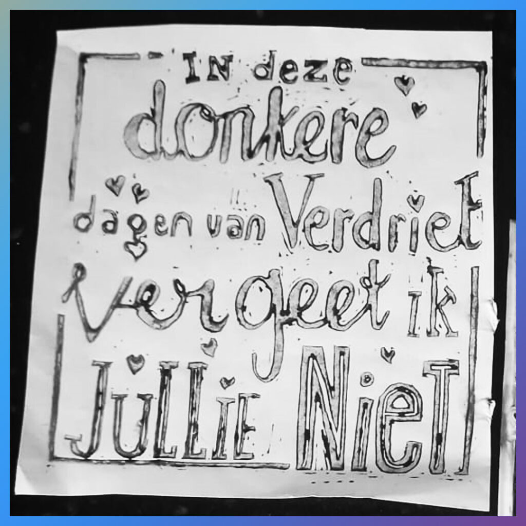 Afdruk van lino met persoonlijke tekst over verlies.