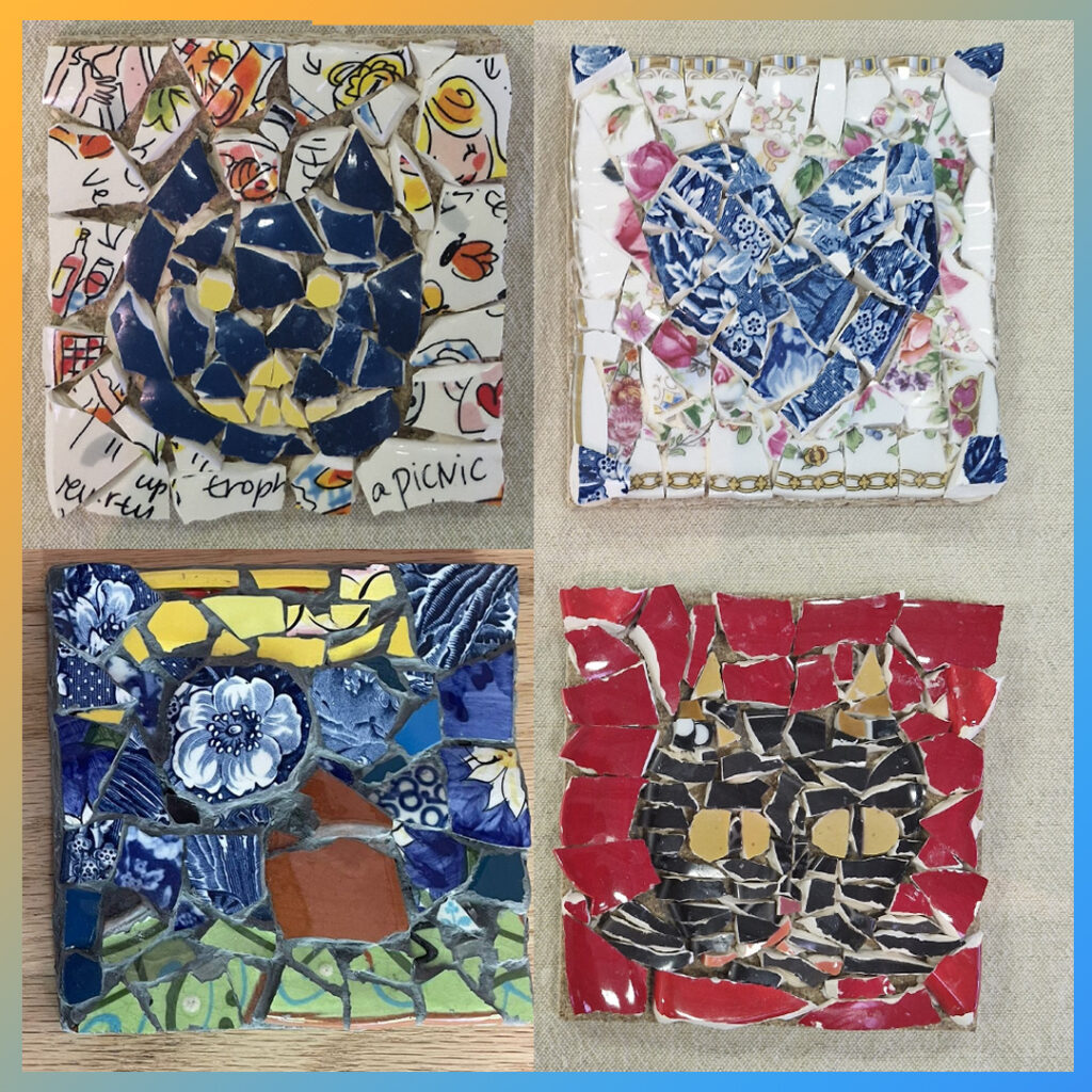 ier mozaïekwerken, met katten en voegen in antraciet.