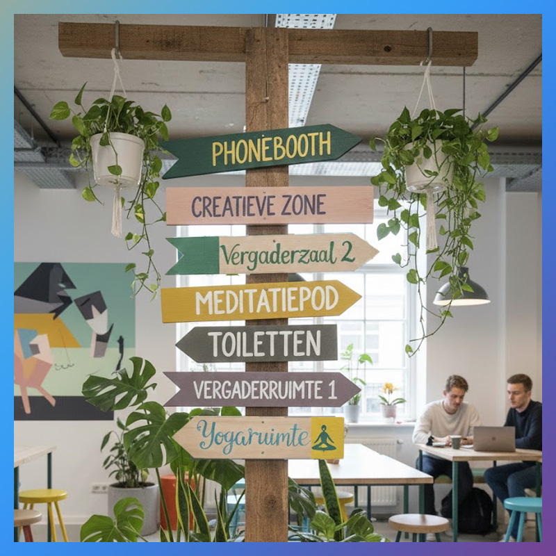 Houten wegwijzerbordjes aan een paal in een bedrijfskantine