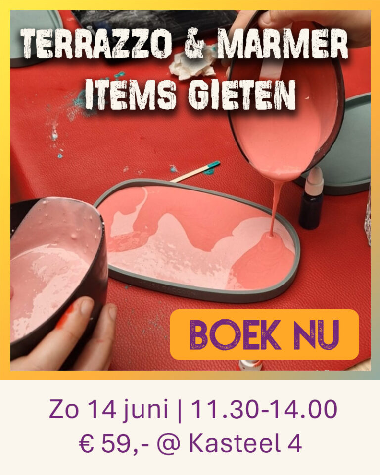Oproep tot een open workshop bij Wauw Workshops voor het gieten van terrazzo en marmer items van ecocomposiet