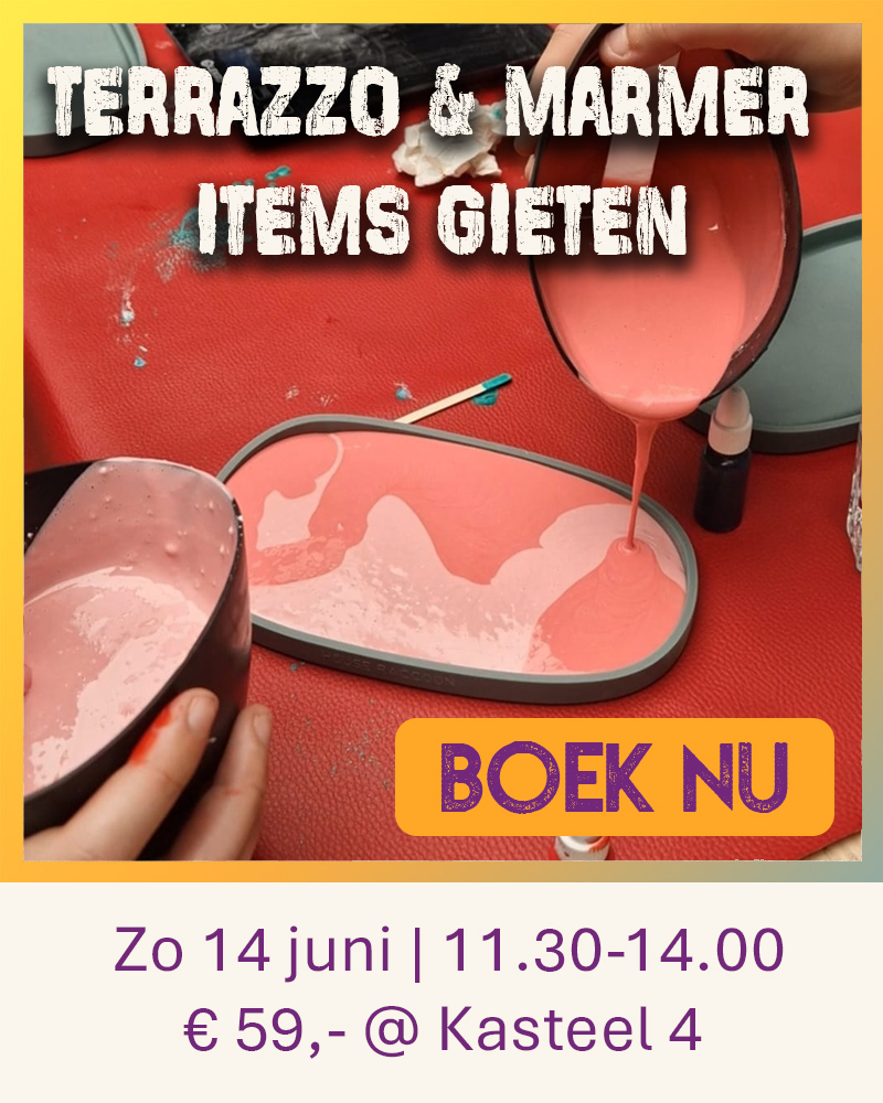 Oproep tot een open workshop bij Wauw Workshops voor het gieten van terrazzo en marmer items van ecocomposiet