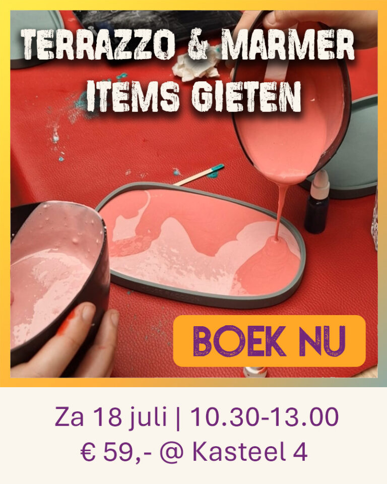 Oproep tot een open workshop bij Wauw Workshops voor het gieten van terrazzo en marmer items van ecocomposiet