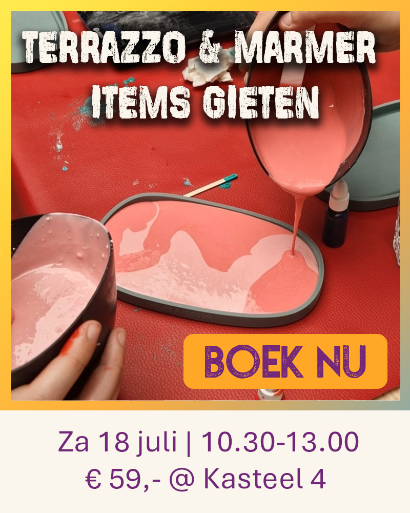 Oproep tot een open workshop bij Wauw Workshops voor het gieten van terrazzo en marmer items van ecocomposiet