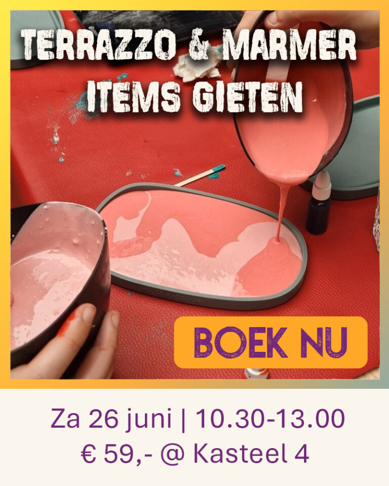 Oproep tot een open workshop bij Wauw Workshops voor het gieten van terrazzo en marmer items van ecocomposiet