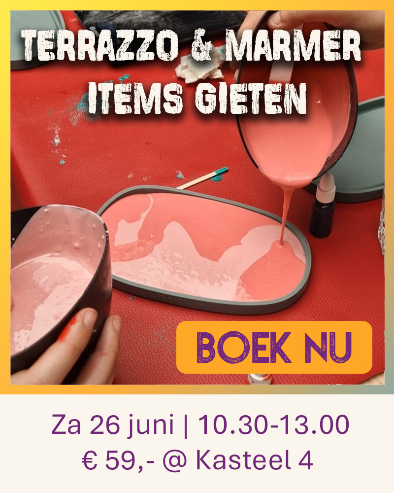 Oproep tot een open workshop bij Wauw Workshops voor het gieten van terrazzo en marmer items van ecocomposiet