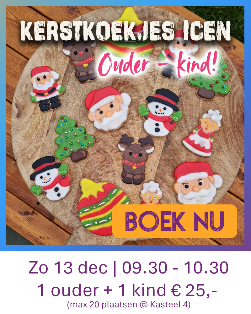 Zandkoekjes in thema kerst die gedecoreerd zijn met royal icing tijdens een ouder-kind workshop van Wauw Workshops in Kasteel 4 in Woerden