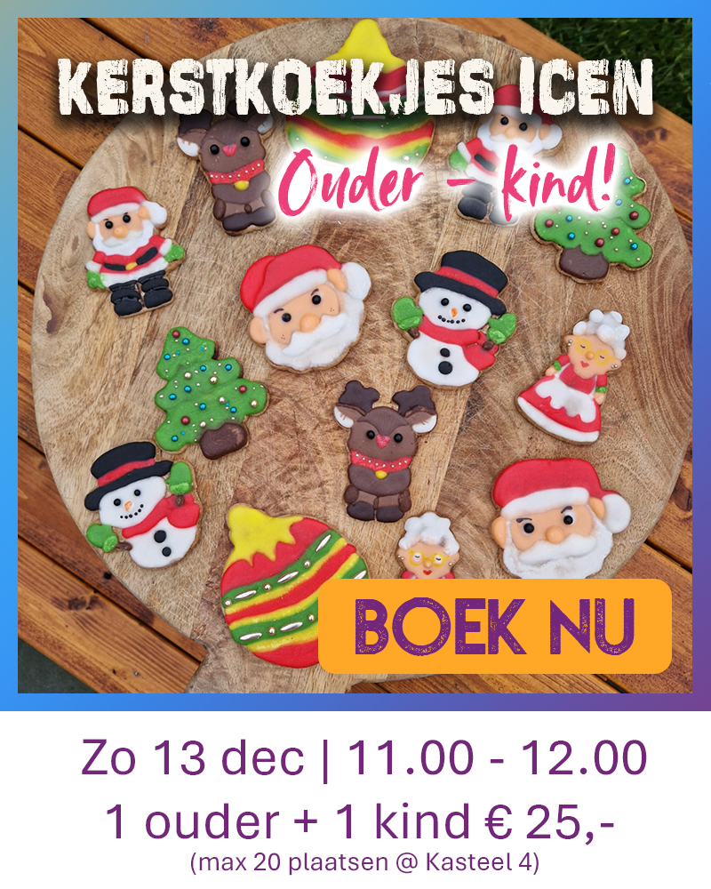 Zandkoekjes in thema kerst die gedecoreerd zijn met royal icing tijdens een ouder-kind workshop van Wauw Workshops in Kasteel 4 in Woerden