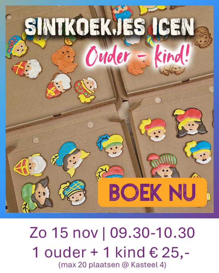 Zandkoekjes in thema sinterklaas die gedecoreerd zijn met royal icing tijdens een ouder-kind workshop van Wauw Workshops in Kasteel 4 in Woerden