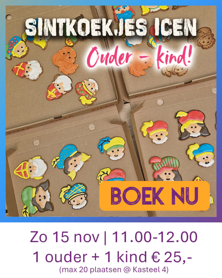 Zandkoekjes in thema sinterklaas die gedecoreerd zijn met royal icing tijdens een ouder-kind workshop van Wauw Workshops in Kasteel 4 in Woerden