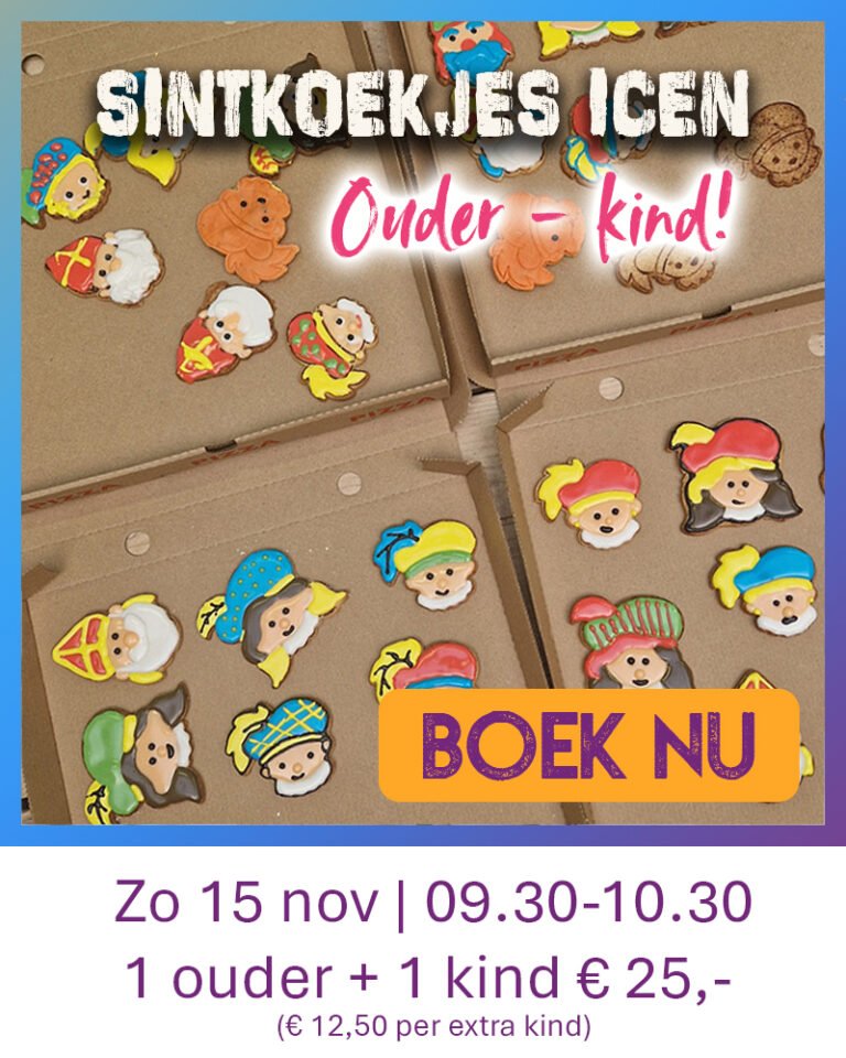Zandkoekjes in thema sinterklaas die gedecoreerd zijn met royal icing tijdens een ouder-kind workshop van Wauw Workshops in Kasteel 4 in Woerden