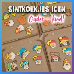 Zandkoekjes in thema sinterklaas die gedecoreerd zijn met royal icing tijdens een ouder-kind workshop van Wauw Workshops in Kasteel 4 in Woerden