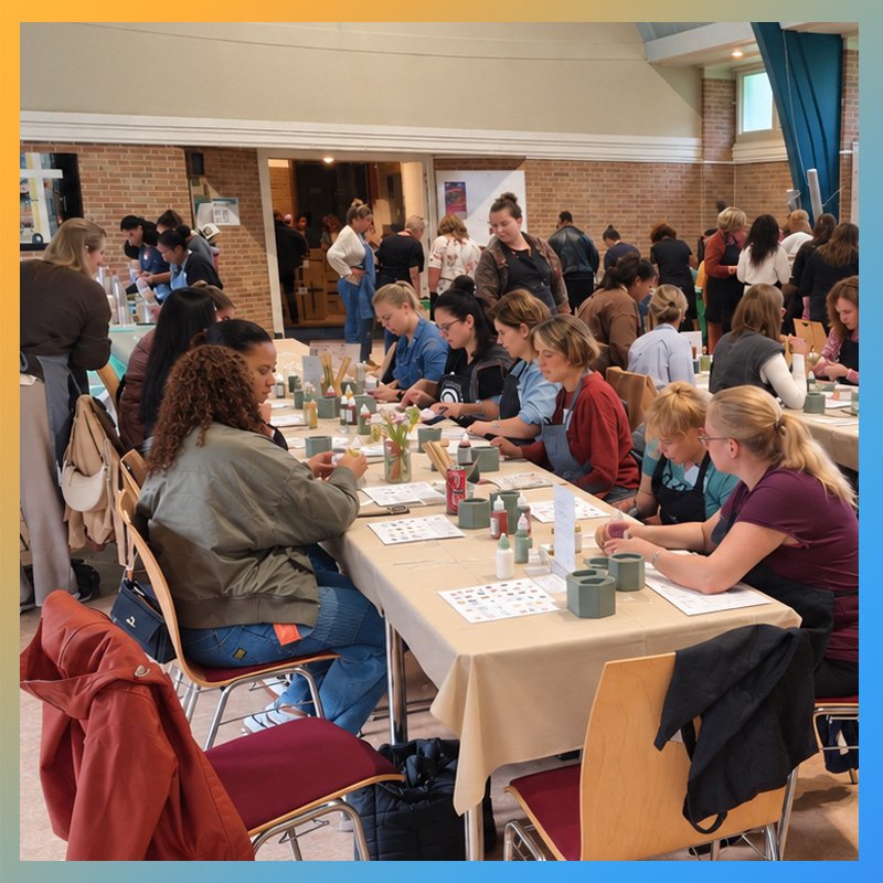 Grote groep deelnemers aan het werk tijdens een workshop terrazzo en marmer gieten