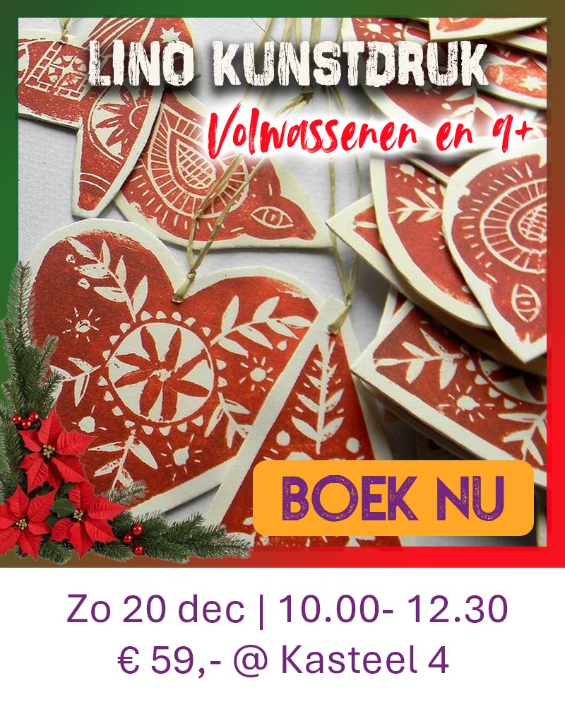 Linosnedes worden met blockprintverf ingesmeerd en daarmee maak je een afdruk