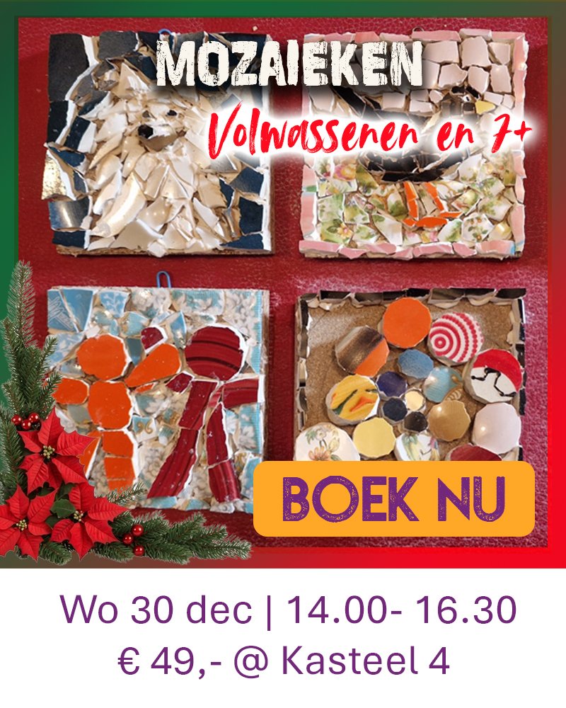 Vier mozaïekwerken van 12x12 op mdf met servies gemozaiekt