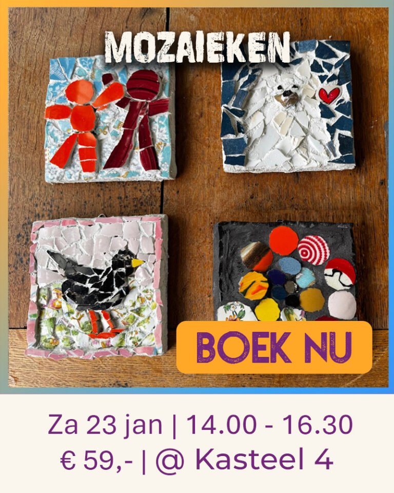 Vier mozaïekwerken van 12x12 op mdf met servies gemozaiekt