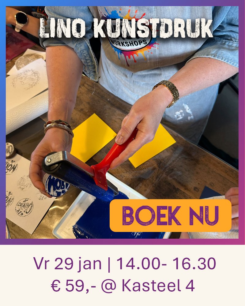 Vrouw met Wauw Workshops schort aan smeert een linodruk in met blockprintverf in Woerden